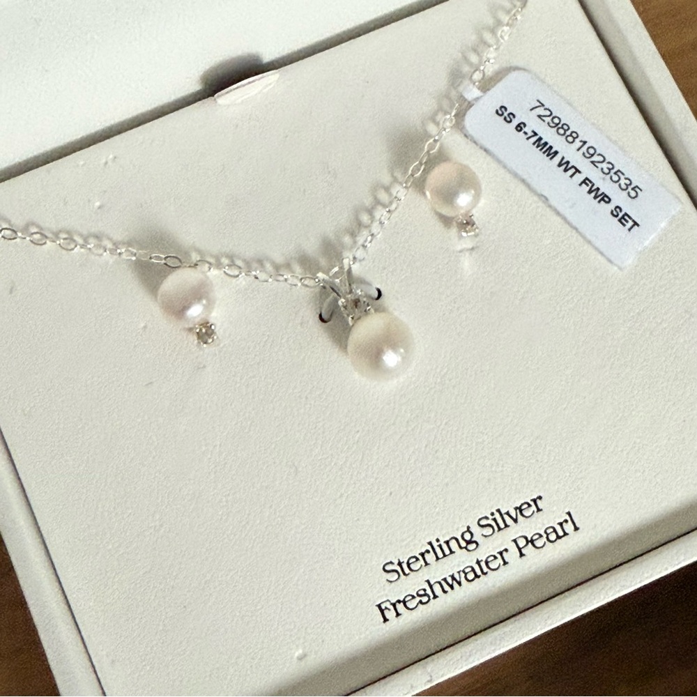 Macy's Silver and White Pearl Necklace and Earrings Set